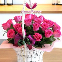 엔젤스플라워 꽃배달서비스 생화 장미꽃 바구니 공기정화 관엽식물 축하바구니 프로포즈, F04_핑크홀릭 고급형, 1개