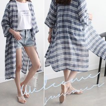 하늘바라기 여성용 모나 린넨 체크 롱 로브 가디건