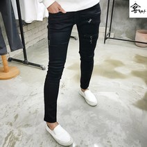 용된다 남자 일자핏 지퍼 바이커 캐미컬 코팅 블랙 청바지