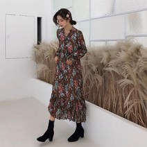 빅걸스토리 브이넥 주름 머메이드 플라워 나뭇잎 프릴롱원피스