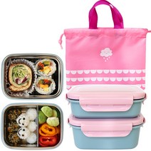 클린 스텐도시락2단 + 주머니 세트, 03_이중스텐도시락2단+파우치_핑크