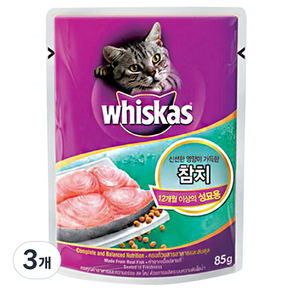 위스카스 어덜트 고양이 습식사료 파우치 참치, 85g, 3개