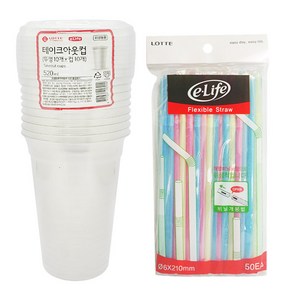 롯데이라이프 테이크아웃컵 520ml x 10p + 뚜껑 10p + 빨대 50p, 1세트