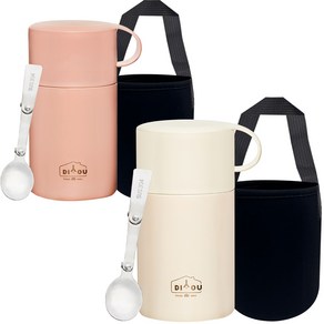 DIYOU 스텐 보온 도시락 죽통 600ml 2p + 스텐스윙 스푼 2p + 전용 파우치 2p 세트, 아이보리, 핑크, 1세트