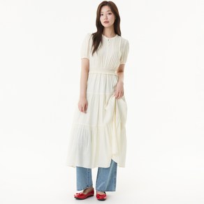 플라스틱아일랜드 여성용 레이스 배색 스모킹 원피스 PR2WO931