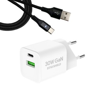 스타쉴드 30W GaN USB PD PPS 멀티 고속충전기 + 라이트 C타입 고속충전케이블 1.8m 세트, 화이트(충전기), 블랙(케이블), 1세트