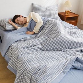 네루양품 시원한 여름이불 블루체크 배색 냉감이불 차렵이불