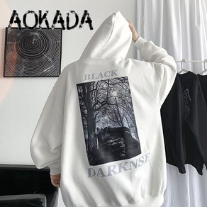 AOKADA 후드티 가을 겨울 남자 안감 기모 아메리칸 스타일 패턴 프린트 루즈핏 패션 학생 후드 티셔츠