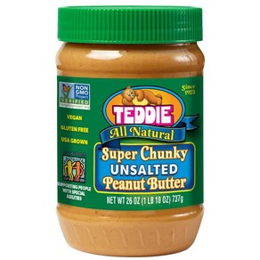 Teddie 테디 무염 수퍼 청키 피넛버터 Supe Chunky Unsalted Peanut Butte, 737g, 1개