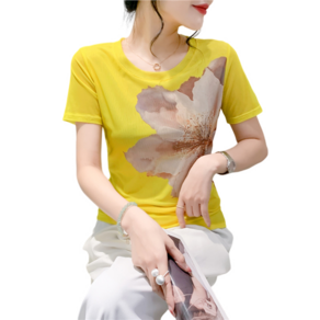 댄스복 상의여성용 프린트 망사 스판 반팔 티셔츠 Women's T-shirt 뉴타임즈 Q830D085