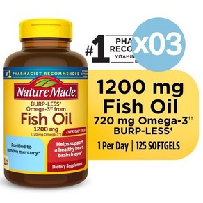 Natue Made 네이처메이드 피쉬오일 1200mg + 오메가-3 720mg 125개입 Bup Less Omega 3 Fish Oil Softgels Supplements, 1개