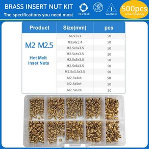 열 세트 나사 삽입 너트 M2 M2.5 M3 M4 M5 M6 3D 인쇄 부품 임베먼트 구색 키트용 핫멜트 널링 황동 인서트, 5) M2 M2.5 500PCS, 500개