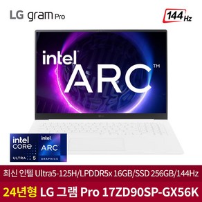 LG그램 프로 17ZD90SP-GX56K 인텔 Ulta5/16GB/256GB/Ac그래픽/144HZ/Ai전용엔진 가벼운 최신 노트북, Fee DOS, 16GB, 256GB, 에센스 화이트