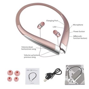 넥밴드이어폰 블루투스 스포츠 무선이어폰 HBS-1100 스테레오 헤드폰 바이노럴 핸즈프리 넥밴드 이어폰 패션 미니 무선 헤드셋 범용, [01] Rose Gold