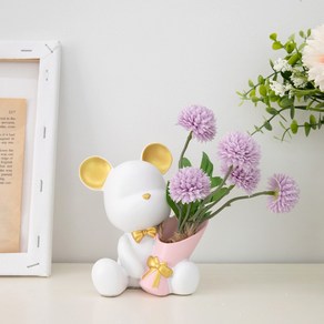 [꾸민뜰] 인테리어 소품 곰돌이 화병+조화꽃 세트(화이트+국화퍼플 세트), 화이트 화병1p+폼폼5송이국화 퍼플1p, 1개