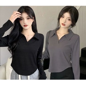 1+1 여성 봄 가을 긴팔 티셔츠 캐주얼 풀오버 상의 슬림핏 기질 폴로넥 긴팔 티셔츠 2P 빅사이즈 CY