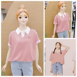 [소이주니어]논현점 24년여름신상 ** 시원한소재 ~~** 팔길이 5부 레드 스트라이프 카라티 ** 마네킹 키 155 11호 착용 **