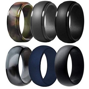 Silicone Wedding Ring fo Men 6 Pack Beathable S 남성용 실리콘 결혼 반지 6팩 통기성 실리콘 고무 웨딩 밴드 얇은 실리콘 반지 - 폭, Camo ,Blue,Dak Gey,Black, 1개