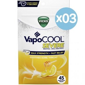 Vicks 빅스 바포쿨 소어 스로트 드롭스 레몬 45개입 3팩 VapoCool Sevee Medicated Soe Thoat Dops Menthol Ove-the-, 3개, 45정