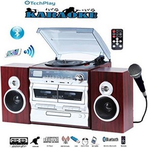 TechPlay Kaaoke Enabled 30W RMS Reto Classic T TechPlay 가라오케 지원 30W RMS 레트로 클래식 턴테이블 NFC Blue, 1개, Wood