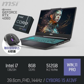 MSI 사이보그 15 A13VF [게이밍마우스 & 패드 증정], WIN11 Po, 8GB, 512GB, 블랙