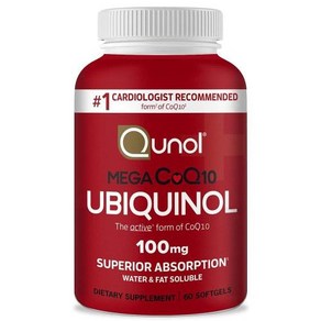 Qunol Mega Ubiquinol 100mg CoQ10 우수한 흡수 특허받은 수용성, 60 Count (Pack of 1), 1개