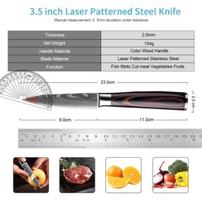 칼세트 3.5 인치 페어링 나이프 날카로운 과일 다마스커스 패턴 소형 주방 슬라이싱용 풀 탱 필링, [04] Geen, 1개