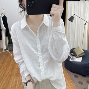 COBOTOR 여성 면마 셔츠 봄 여름 가을 캐주얼 베이직 긴소매 빈티지 심플 무지 여자 남방 상의 women linen shit XK0581