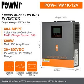 인버터 80A 12V 태양광 패널 230VAC 하이브리드 순수 MPPT 150VDC 1.5KW 사인파 충전 24V PowM 배터리 1KW 입력 컨트롤러, 1개