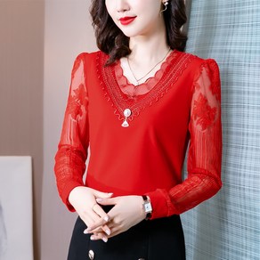 ROYALBELLE 여성 브이넥 망사 긴팔 상의 데일리룩 진주 포인트 블라우스 Y022905