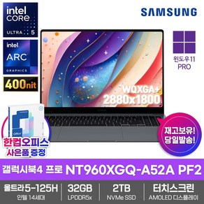 삼성 노트북 갤럭시북4 프로 NT960XGQ-A52A PF2 SSD2TB/32GB램/울트라5-125H/AMOLED/터치스크린/120Hz, WIN11 Po, 32GB, 2TB, 문스톤 그레이