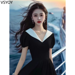 vsyoy [폴리 에스테르 소재] 프랑스 헵번 스타일 블랙 네이비 칼라 버블 슬리브 원피스 하이 센스 복고풍 기질 아름다운 스커트 여성의 여름