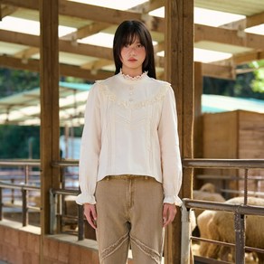 High-Neck Lace-Fill Blouse (Beige)