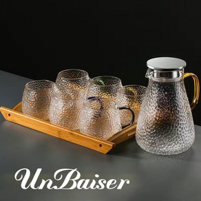 UNBAISER ins풍 엠보 유리컵 망치무늬 물컵 내열 가정용 손잡이컵 레모네이드 물차물 데미지 차 주전자 두꺼운 내열 유리 티포트 세트, 컵 6개+1.8L 주전자, 7개