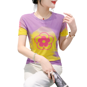 댄스복 상의 여성용 프린트 망사 스판 반팔티셔츠Women's T-shirt 뉴타임즈 O967G001