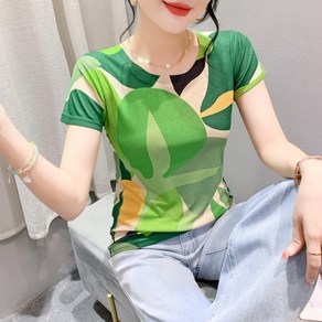 댄스복 상의여성용 프린트 망사 반팔 티셔츠 여름 나염 티셔츠Women's T-shirt 뉴타임즈 Y350E296