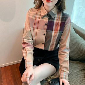 ROYALBELLE 여성 클래식 체크 패턴 칼라 긴팔 데일리 집업 패션 셔츠 K0120320