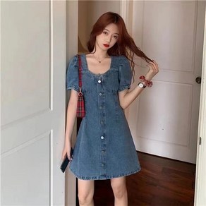 COBOTOR 여성 데님 원피스 미니 반팔 빈티지 심플 봄 여름 가을 여자 청 드레스 woman denim dress JX1854