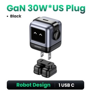 UGREEN 30W GaN 충전기 로봇 디자인 PD 고속 PPS PD3.0 아이폰 호환 15 14 샤오미 삼성 태블릿용 충전, 2.US Plug 30W Black, 1개