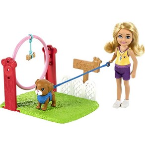 Babie Chelsea Can Be Doll & Playset 금발 강아지 트레이너 소형 인형 및 액세서리 10개 목줄 점핑 후프 장애물 콘 등 포함 176047, Babie Chelsea Can Be Doll & P