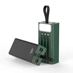 CCAGU 대용량 보조배터리 30000mAh 일체형 3개 케이블 내장 22.5W PD QC3.0 초고속충전 파워뱅크 보조밧데리, 녹색