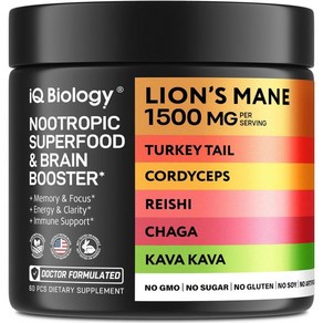 IQ BIOLOGY Mushoom Lions Mane Kava Rhodiola Rosea Vitamin B12 Tukey Tail Reishi 누트로픽 Complex 아슈와간다, 1개, 60정