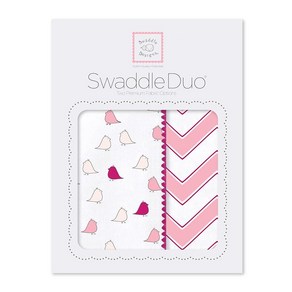 SwaddleDesigns 스와들듀오 포대기 담요 2개 세트 면 마퀴젯 + 프리미엄 면 플란넬 파스텔 블루 모던 듀오., 핑크 시크 쉐브론