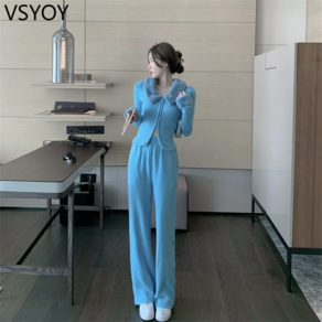 vsyoy 2023 년 봄 패션 정장 새로운 마오 마오 칼라 지프 니트 카디건 높은 허리 캐주얼 바지 투피스 여성복