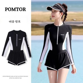 POMTOR 여성용 래쉬가드 원피스수영복 실내수영복 비치 점프슈트 수영복, 블랙, 2XL