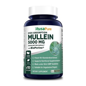 NusaPue Mullein 잎 캡슐 식물성 당 5000mg - 150개 Vebascum Thapsus GMO 프리 글루텐 바이오페린 209957, 1개, 150정