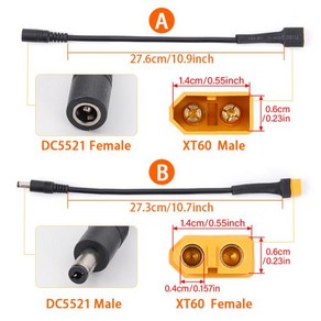 배터리 충전 케이블용 와이어 18AWG XT60 암수 커넥터 DC5521 플러그, 1세트