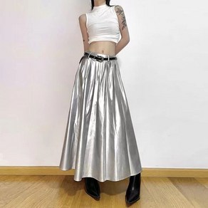 JoYouth 실버 스커트 여성 하이웨스트 스커트 여름 펄 롱스커트 플리츠 스커트 x-1550
