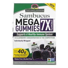 Natues Answe Sambucus Mega Gummies 7X Stength 블랙 엘더베리 젤라틴 무함유/비건 구미젤리 30개, 30정