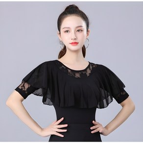 와우진플 레이스 프릴 반팔 라인 댄스복 상의, 우아블랙